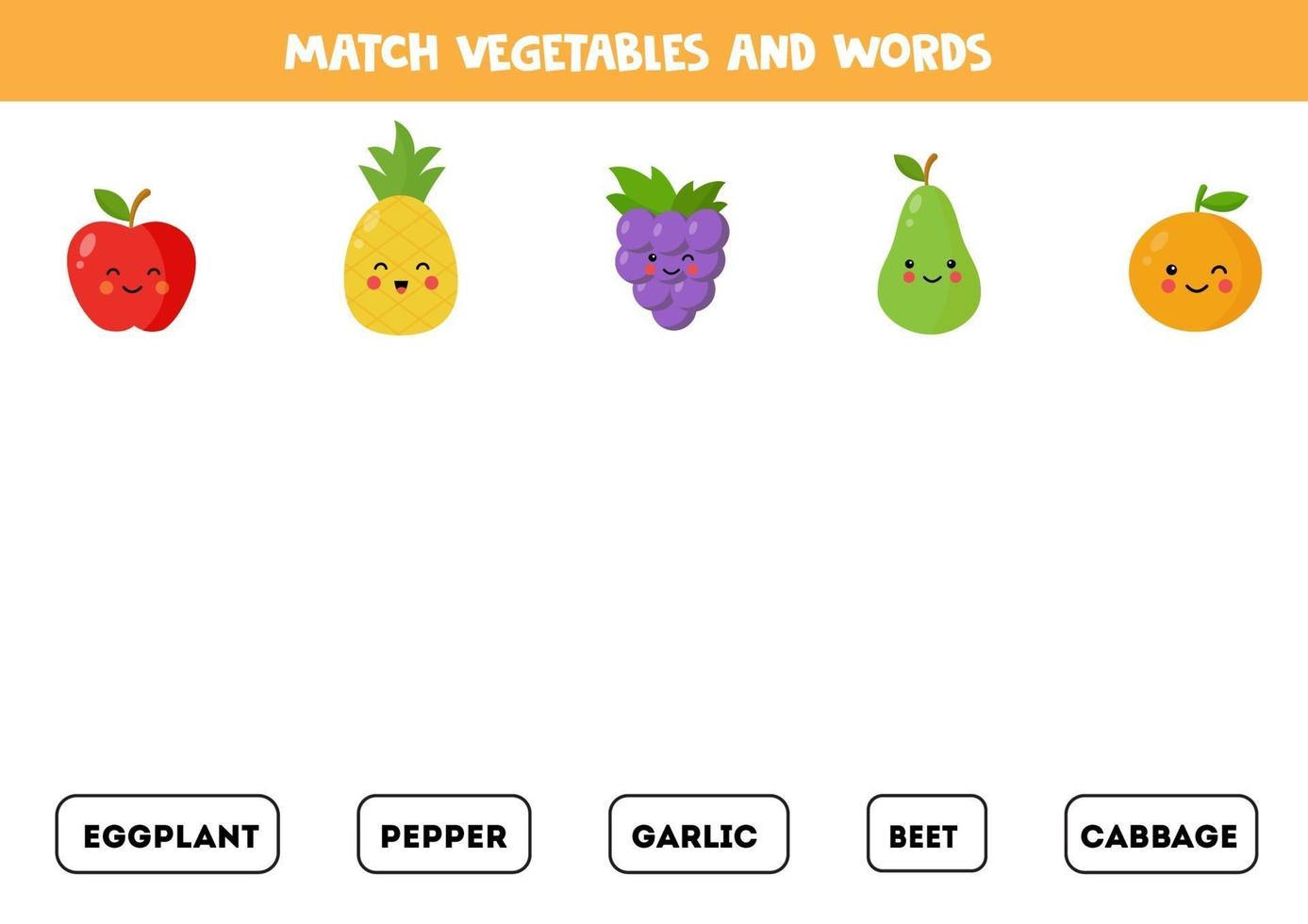 Match pictures of cute kawaii vegetables with the words. vector