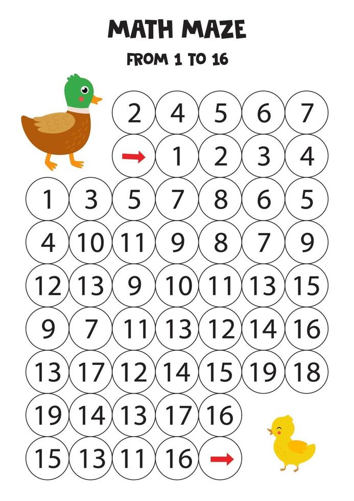 Math maze from one to sixteen. Cute cartoon duck and duckling. vector