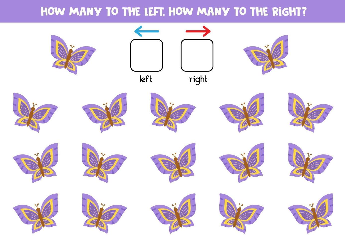 Left or right. Spatial orientation for kids. Cartoon butterfly. vector