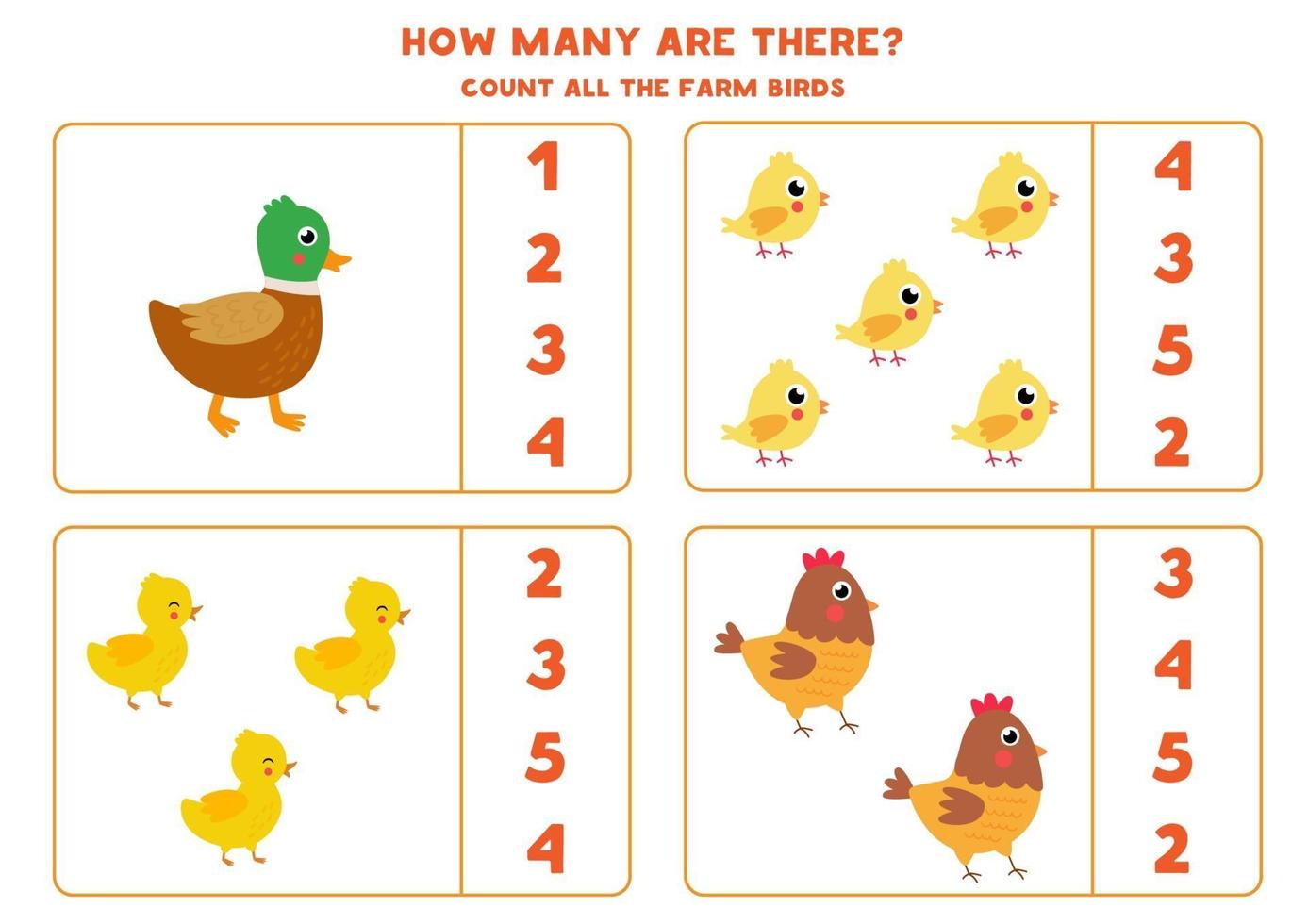 Counting game for kids. Cute carton farm birds. vector