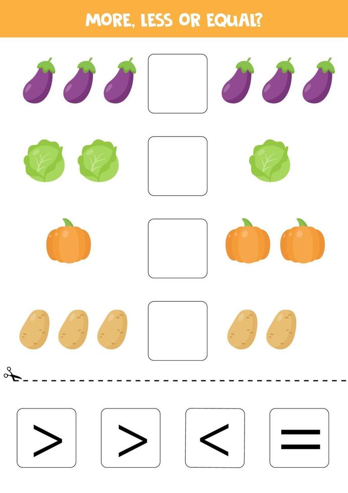 More, less, equal with cartoon eggplant, cabbage, potato and pumpkin. vector