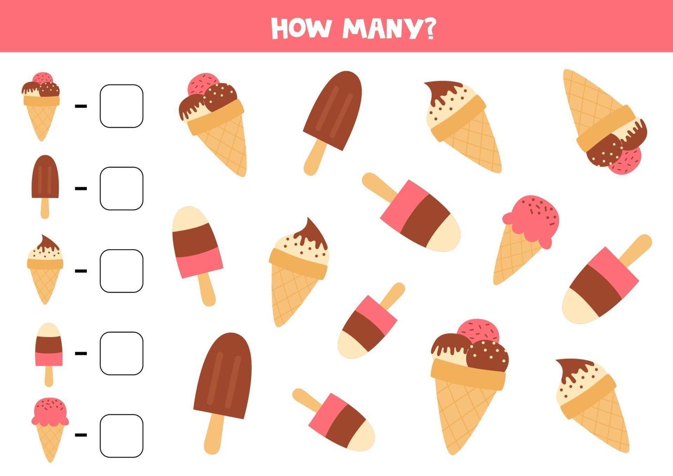 Count the amount of ice creams. Math game for kids. vector