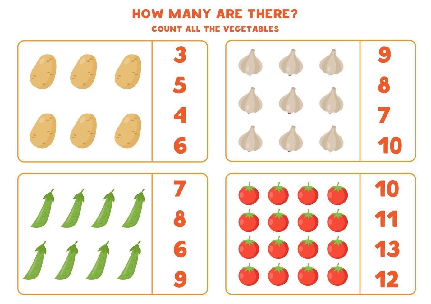 Vegetables count. Math game for kids. Educational worksheet. vector