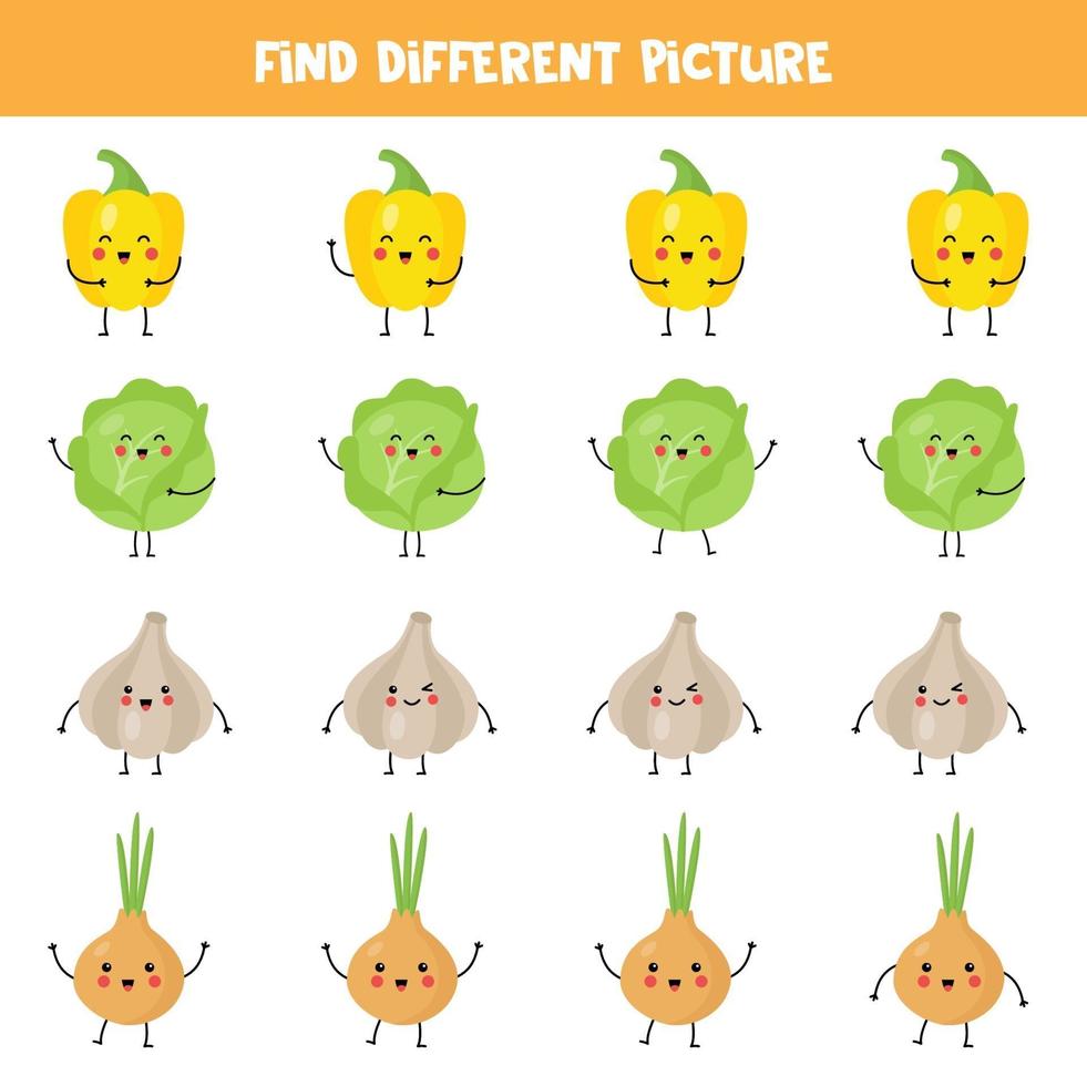 encuentre vegetales kawaii que sean diferentes a los demás en la fila. vector