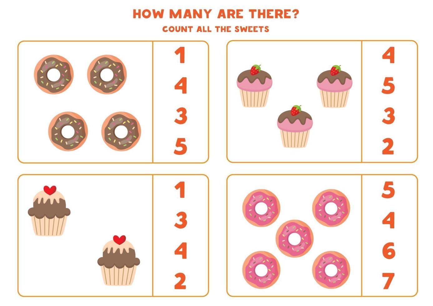 Educational math game for kids. Count donuts and cupcakes. vector