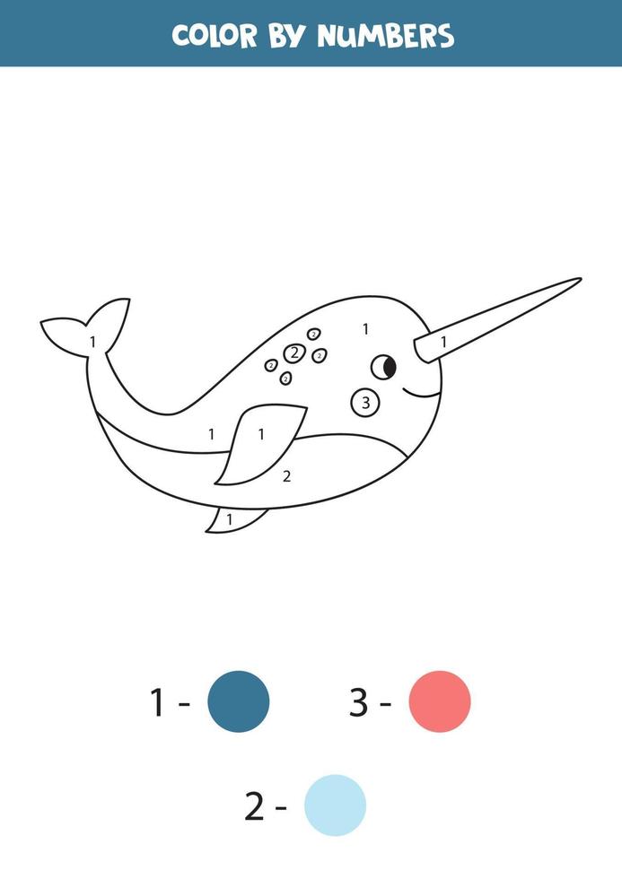 Coloring page with cute narwhal. Color by numbers. vector