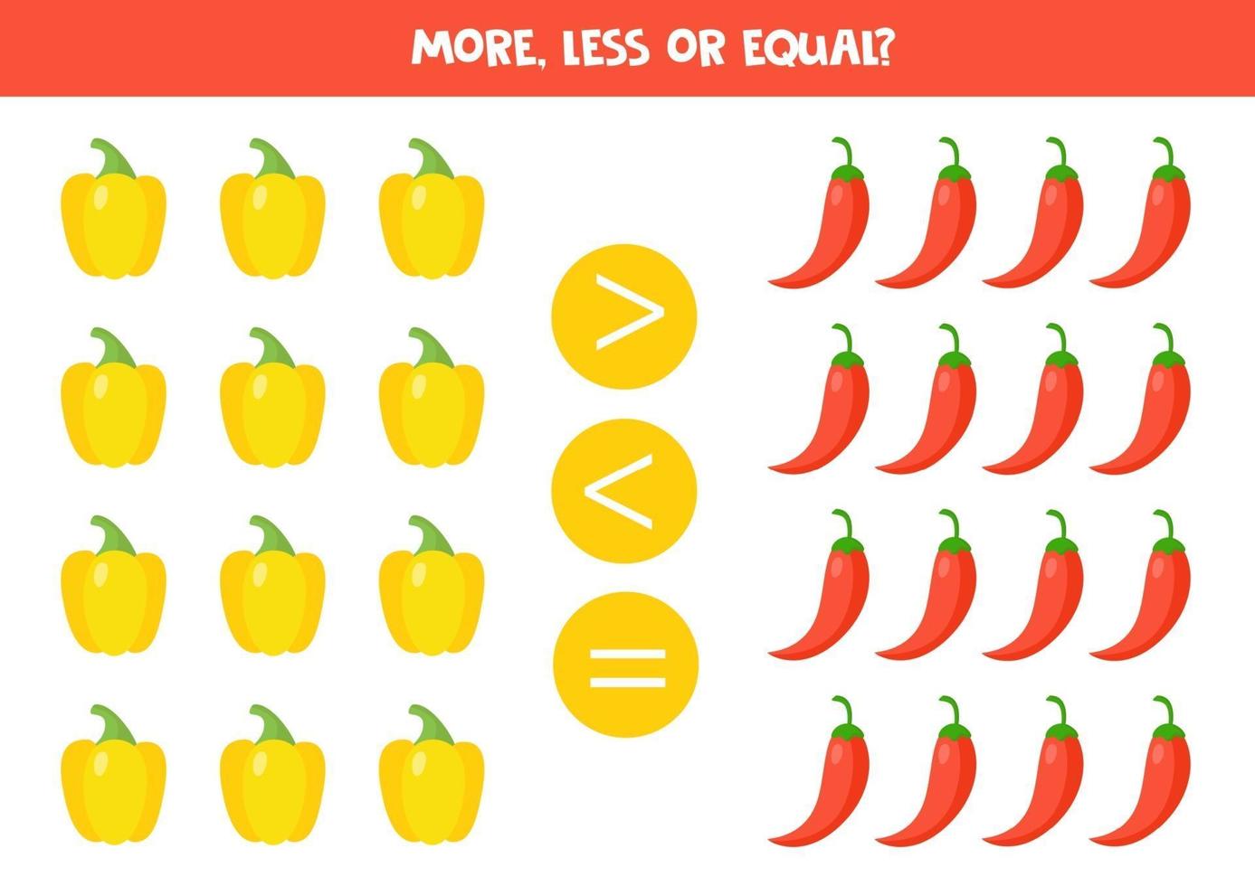 Math game for kids. Comparison for kids. Yellow and red peppers. vector
