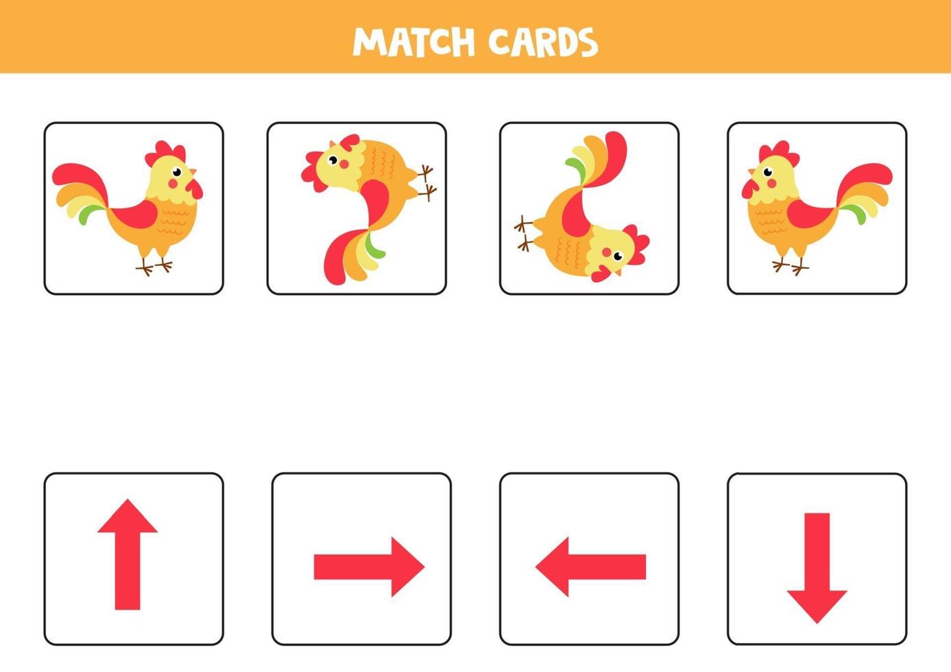 orientación para niños. Combina tarjetas con flechas y un lindo gallo. vector