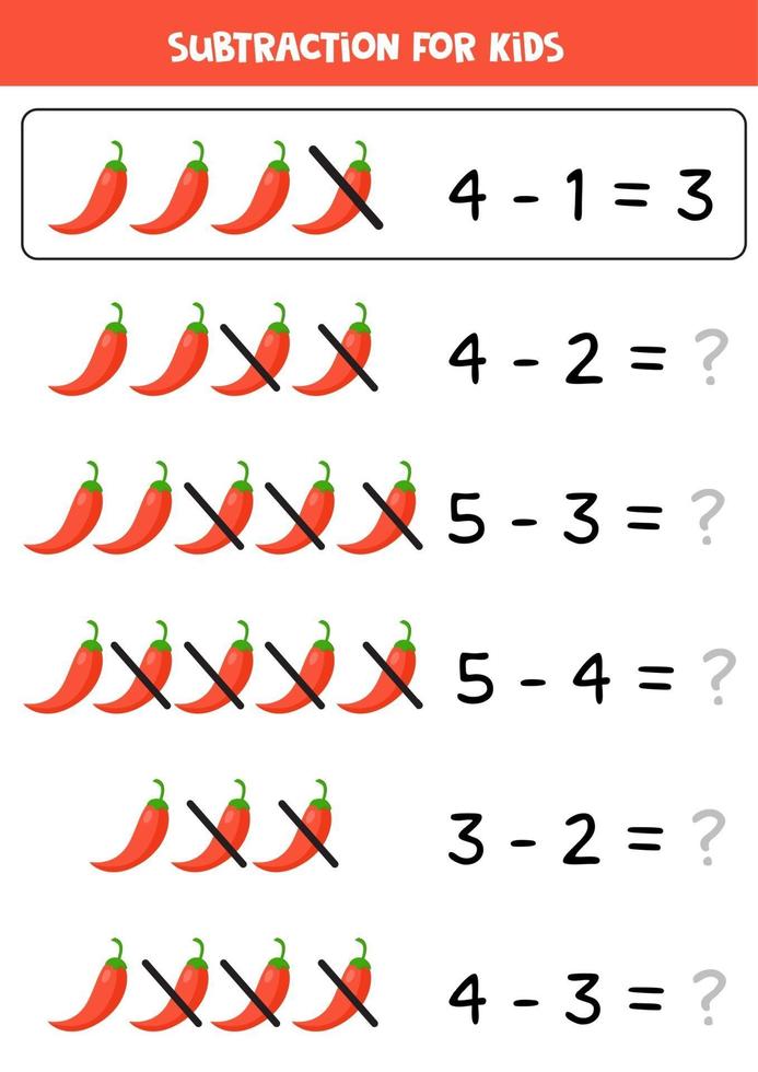 Subtraction for kids. Vector illustration of red chili pepper.