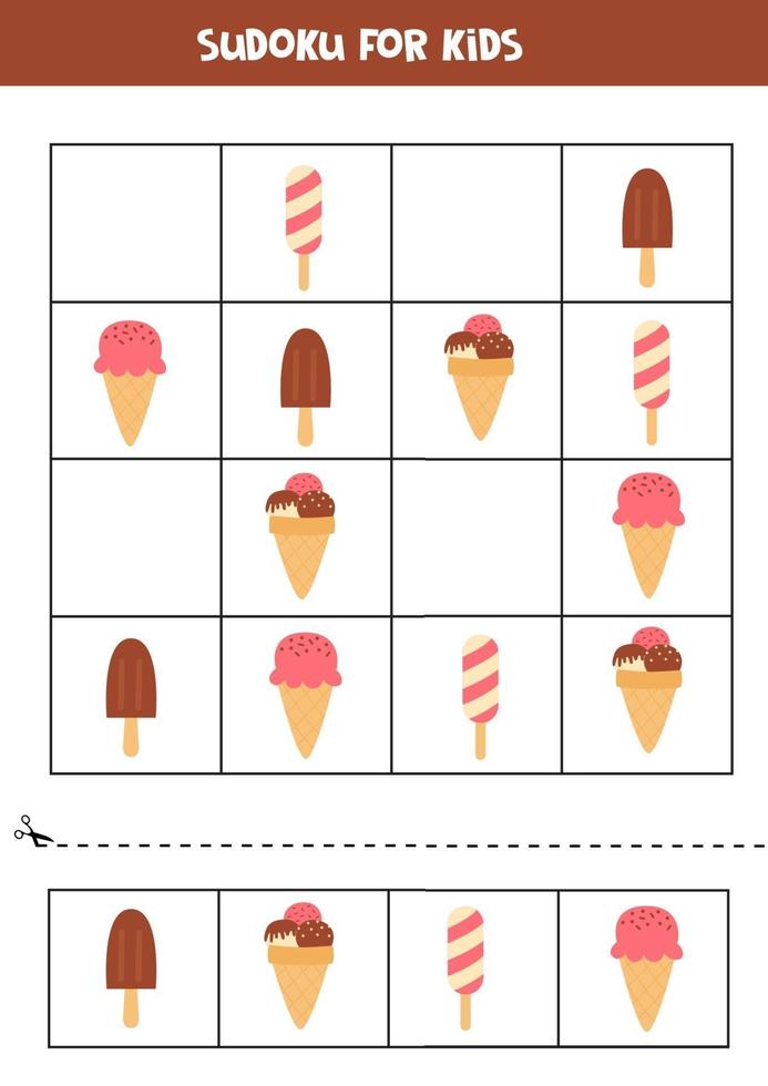 Sudoku with ice creams. Educational worksheet for kids. vector