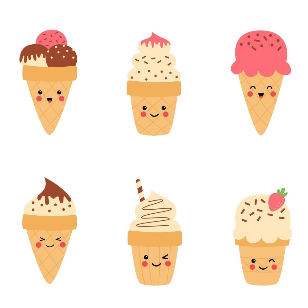 Collection of cute kawaii ice cream cones. vector