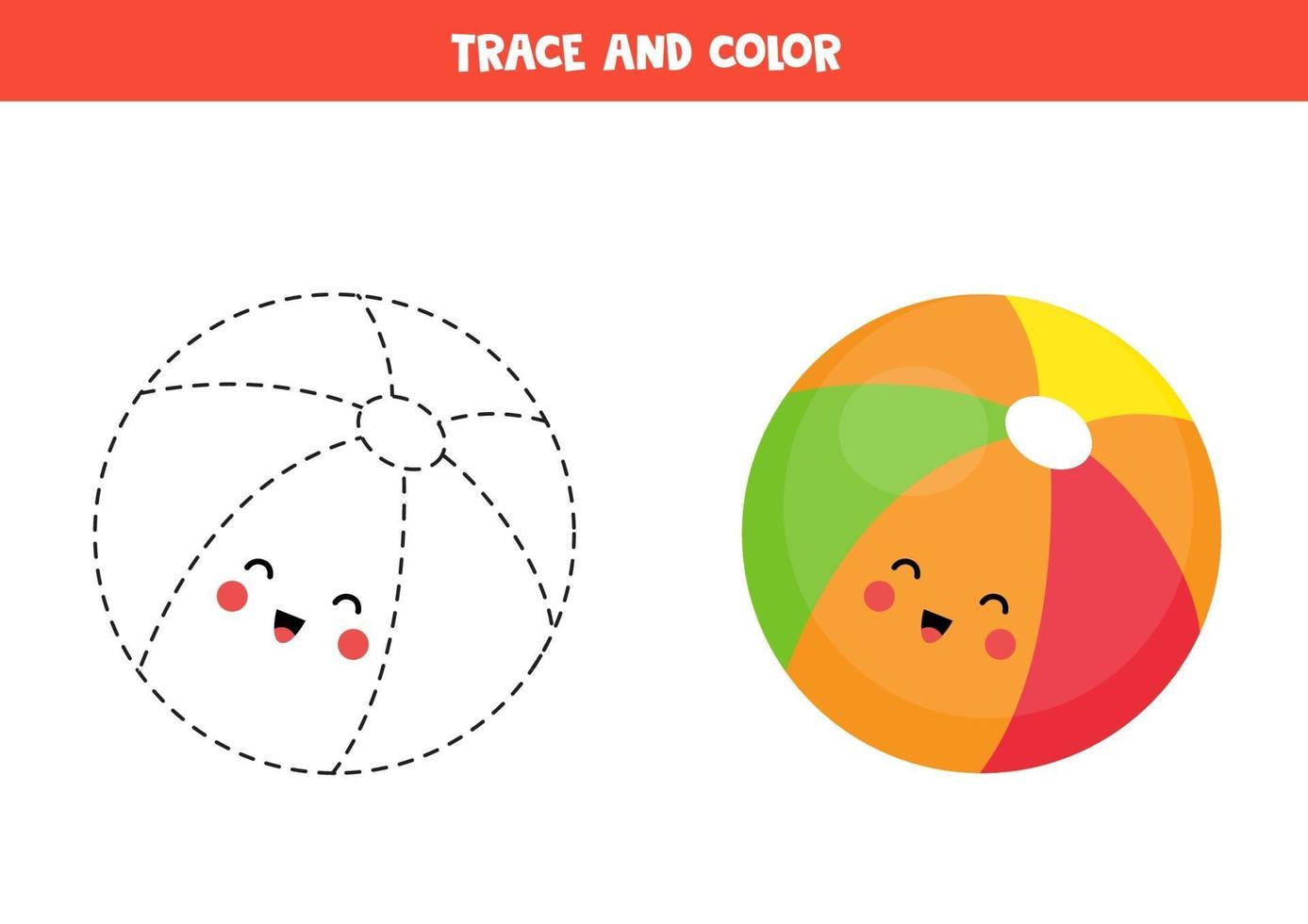 Handwriting practice with cute kawaii ball. Trace and color. vector