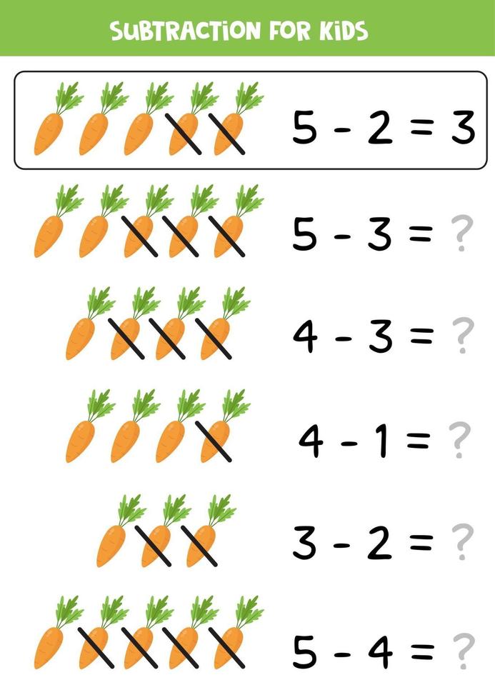 resta con zanahorias de dibujos animados. juego de matemáticas para niños. vector