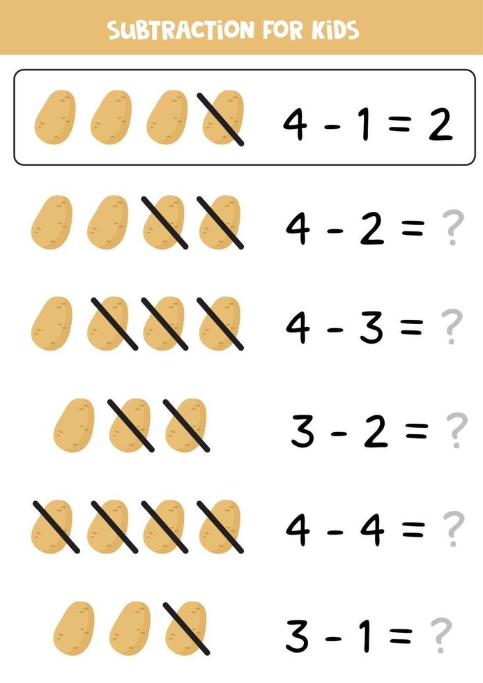 Subtraction for kids. Cartoon potato. Math game. vector