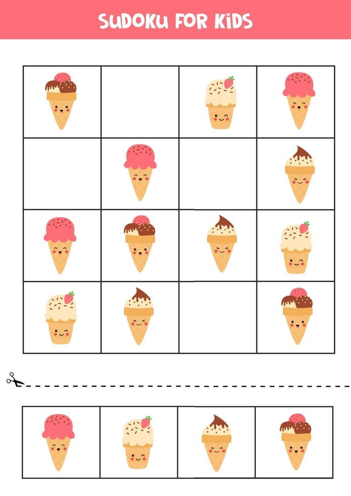 sudoku para niños con lindos helados de dibujos animados. vector