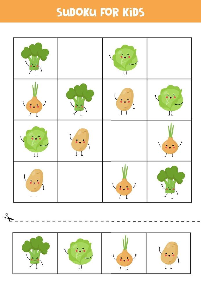 Sudoku for kids with cute kawaii vegetables. vector