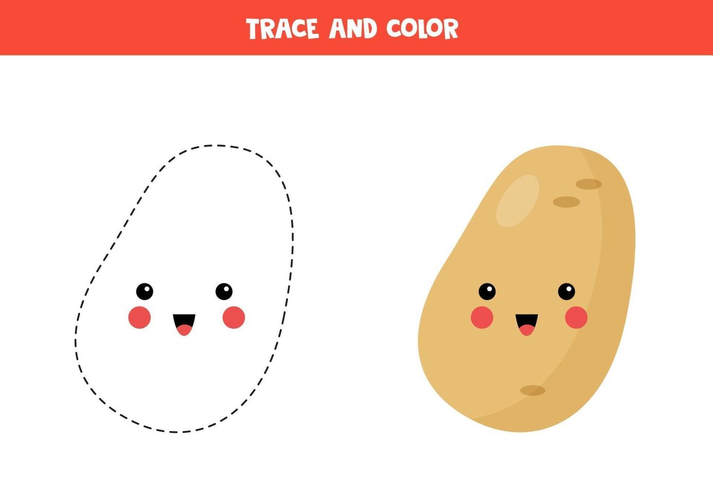 Trace and color cute kawaii potato. Coloring page for kids. vector