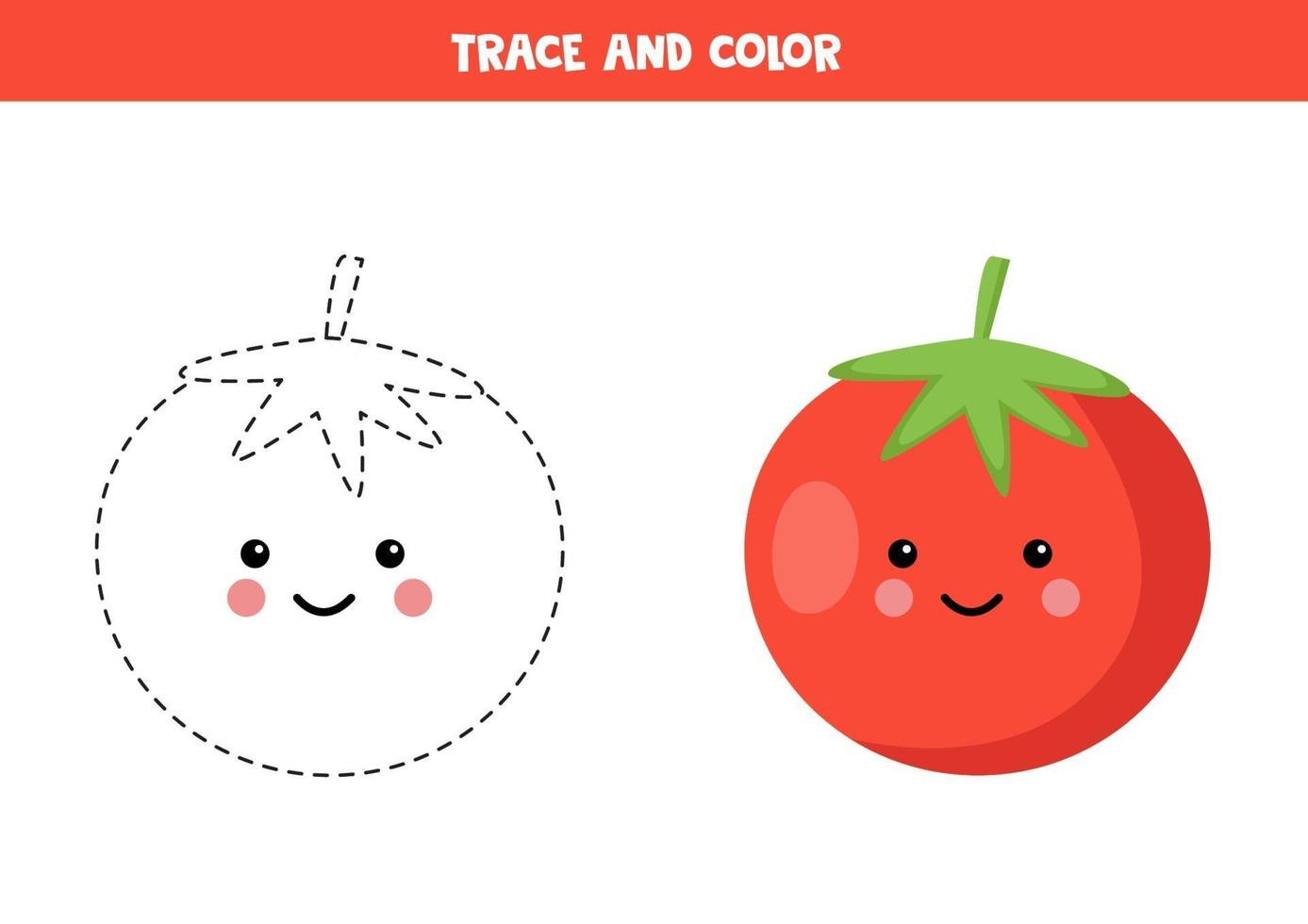 práctica de escritura a mano para niños. traza el tomate rojo y coloréalo. vector