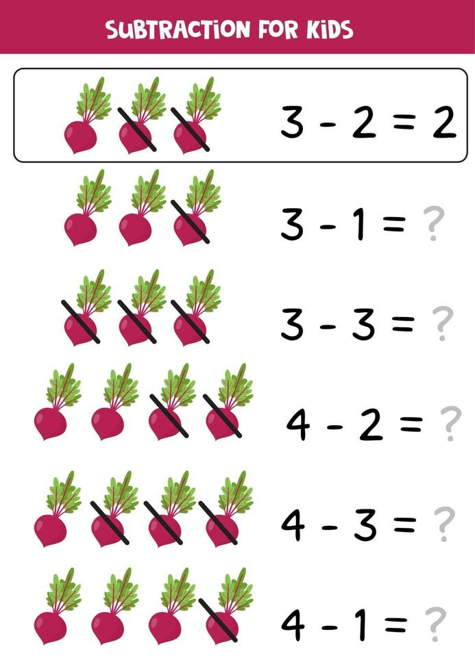 Subtraction for kids. Cartoon beetroots. Math game. vector