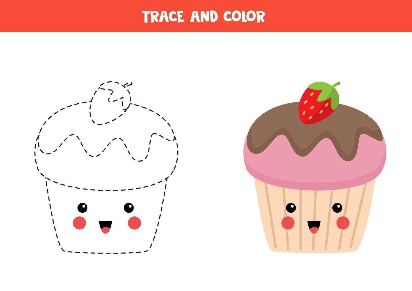 Trace and color cute kawaii cupcake. Educational coloring game. vector