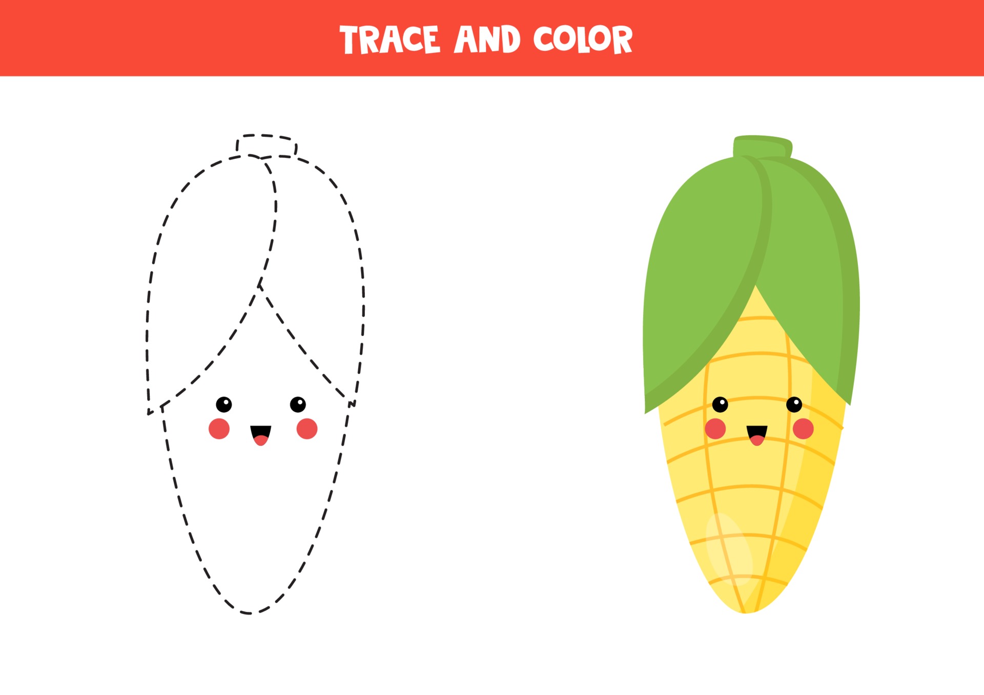 Trace and color cute kawaii corn. Coloring page for kids. 2251062
