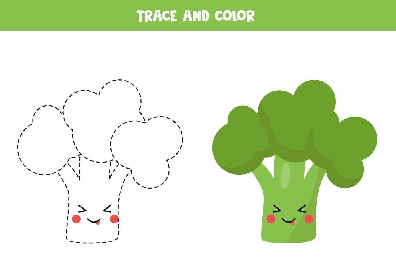 Traza y colorea brócoli kawaii lindo. práctica de escritura a mano. vector