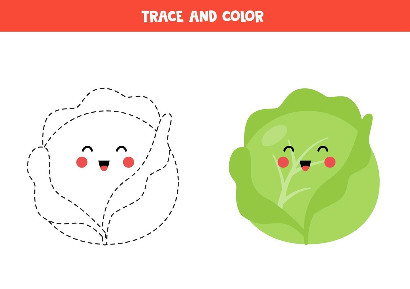 Trace and color cute kawaii cabbage. Coloring page for kids. vector