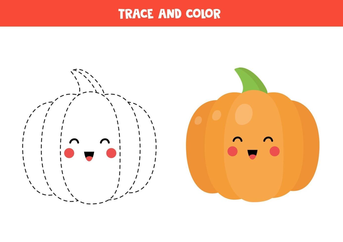 práctica de escritura a mano con linda calabaza kawaii. trazo y color. vector