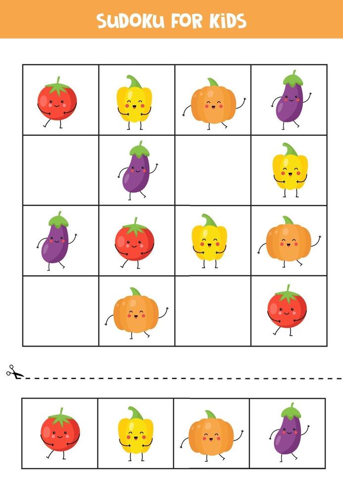 Sudoku for kids with cute kawaii vegetables. vector