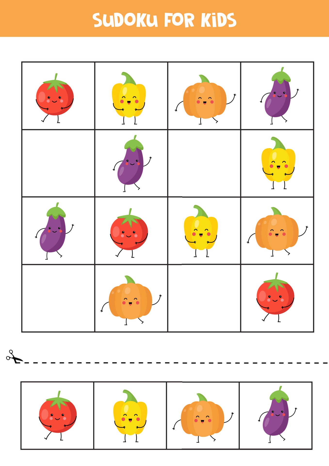 Sudoku for kids with cute kawaii vegetables. 2251072 Vector Art at