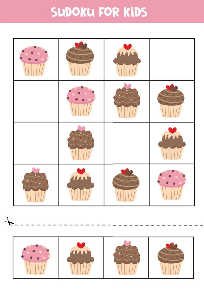 Sudoku for kids with cute cartoon cupcakes. vector