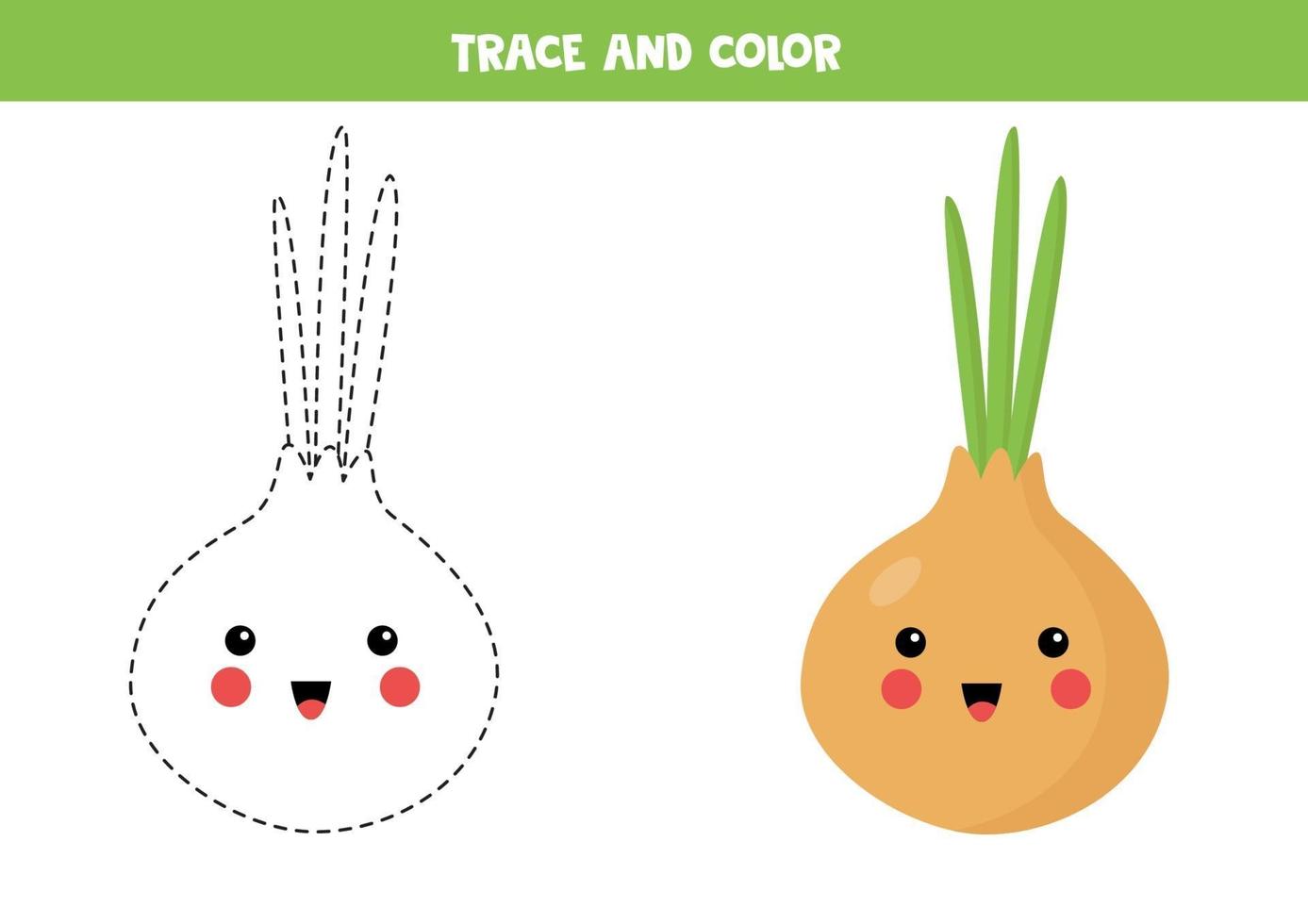 Trace and color cute kawaii eggplant. Writing skills. vector