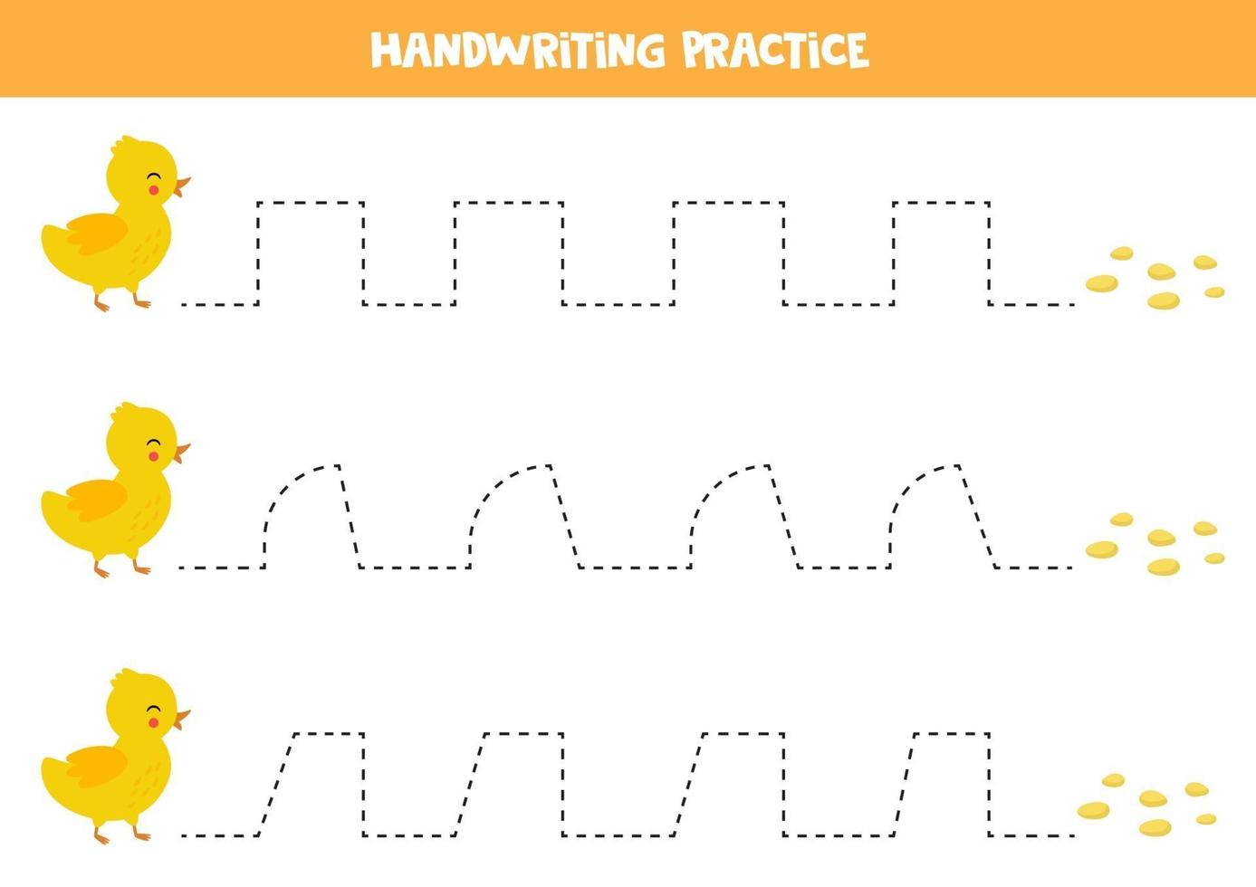 Trace the lines between baby duckling and seeds. Handwriting practice. vector