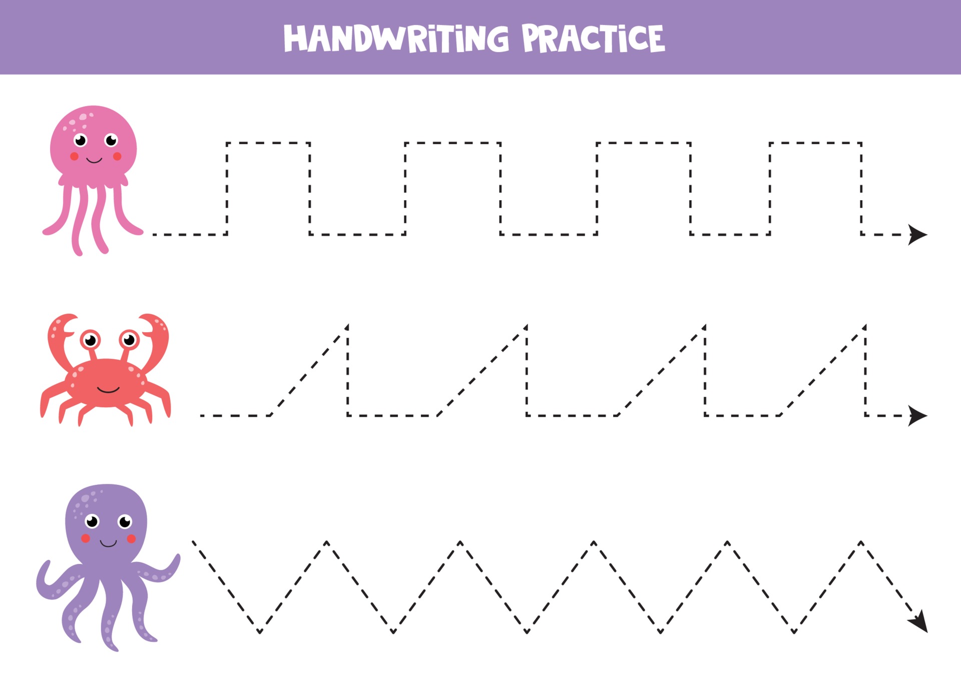 Learning to write with sea animals. Handwriting practice worksheet