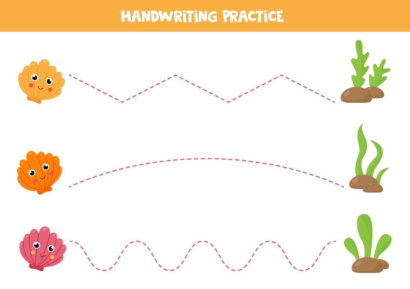 Handwriting practice for kids. Cute cartoon seashells. vector