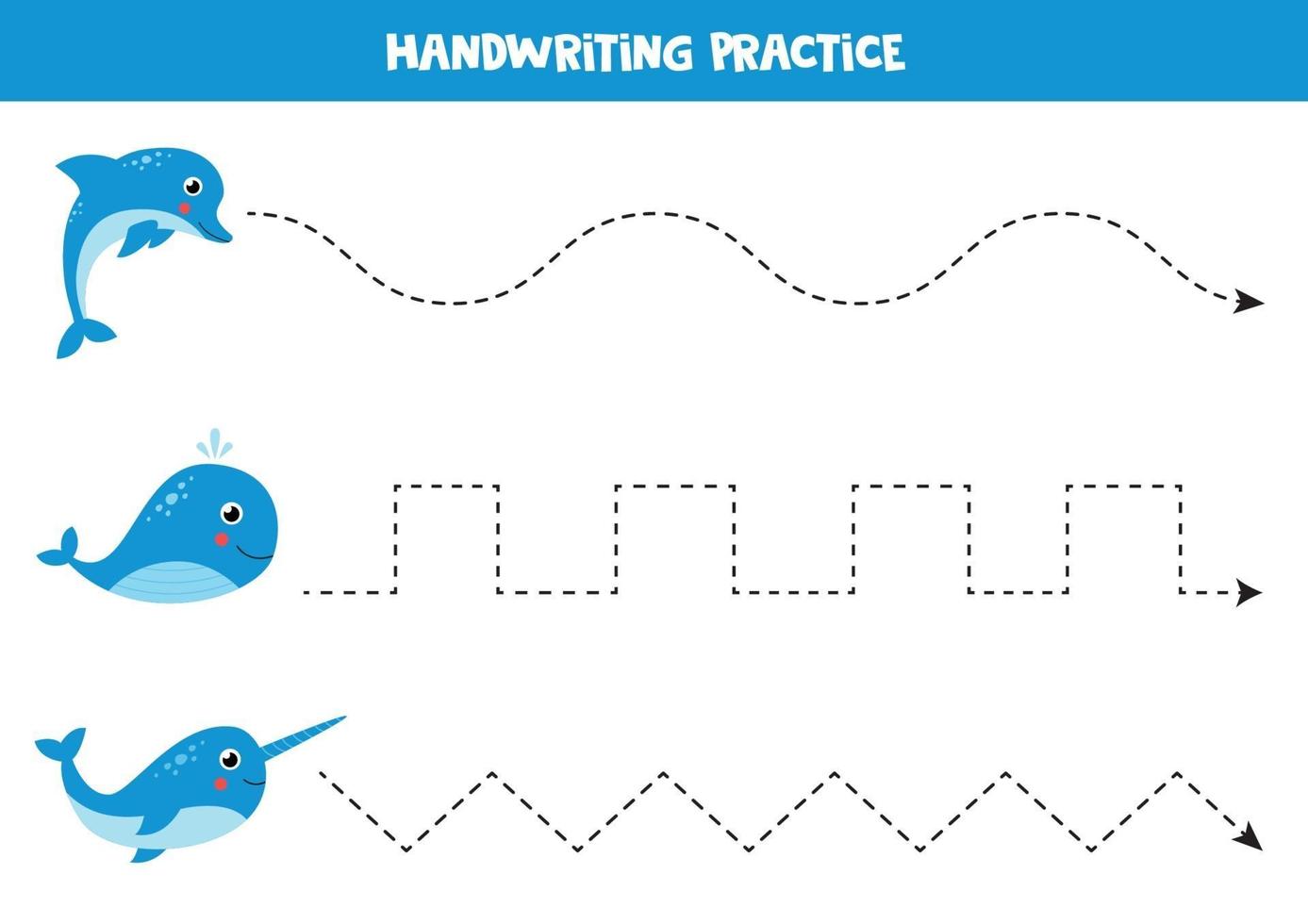 Tracing lines for kids. Writing practice with cartoon narwhal, whale and dolphin. vector