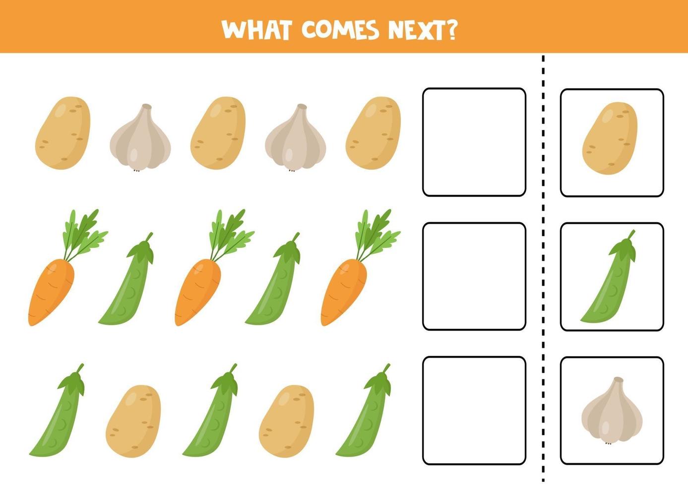 Which vegetable comes next. Logical game for kids. vector