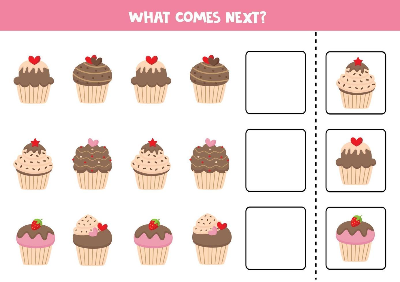 What comes next. Cute cartoon muffins. Educational game. vector