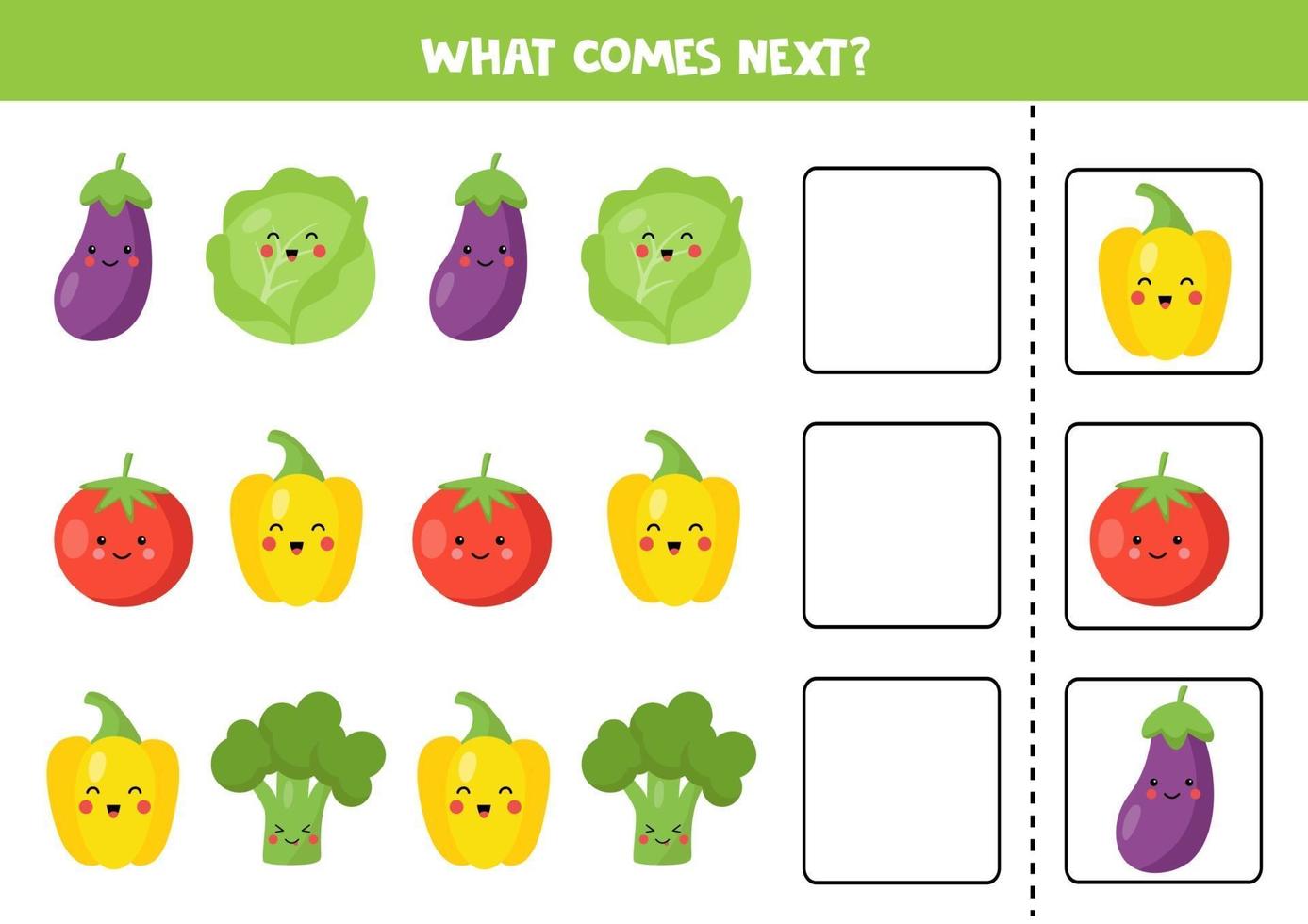 Which vegetable comes next. Educational logical game. vector