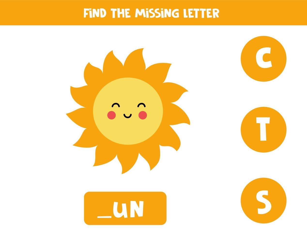 Find missing letter with cute sun. Spelling worksheet. vector