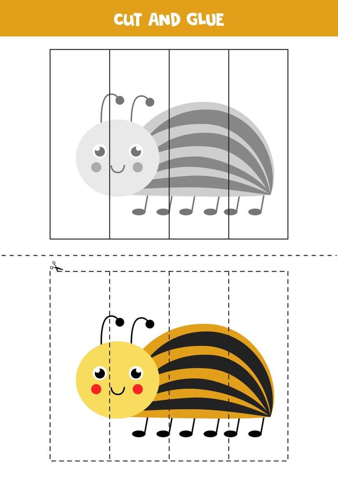 Cut and glue game for kids. Cute Colorado beetle. vector