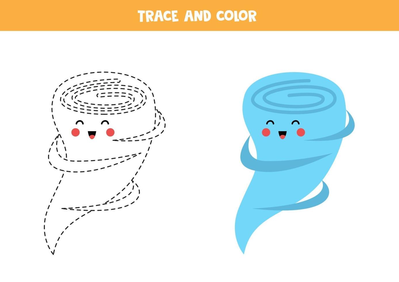 Trace and color cute tornado. Worksheet for kids. vector