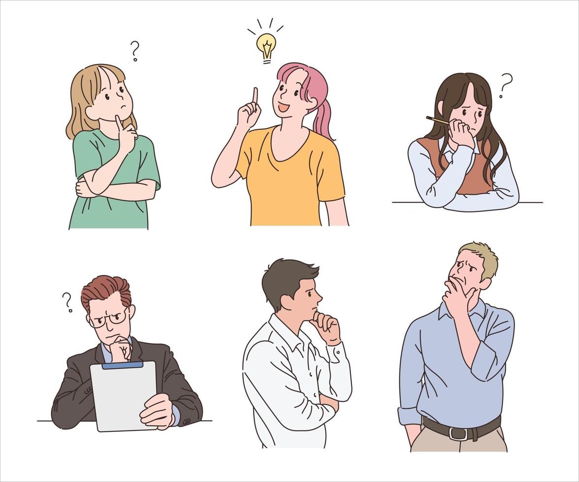 A collection of people contemplating ideas. hand drawn style vector design illustrations.