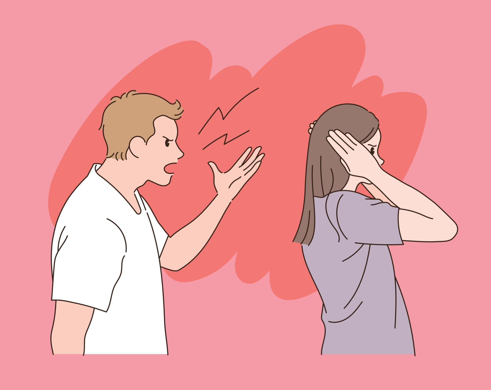 A man is nagging at the woman and the woman is covering her ears. hand