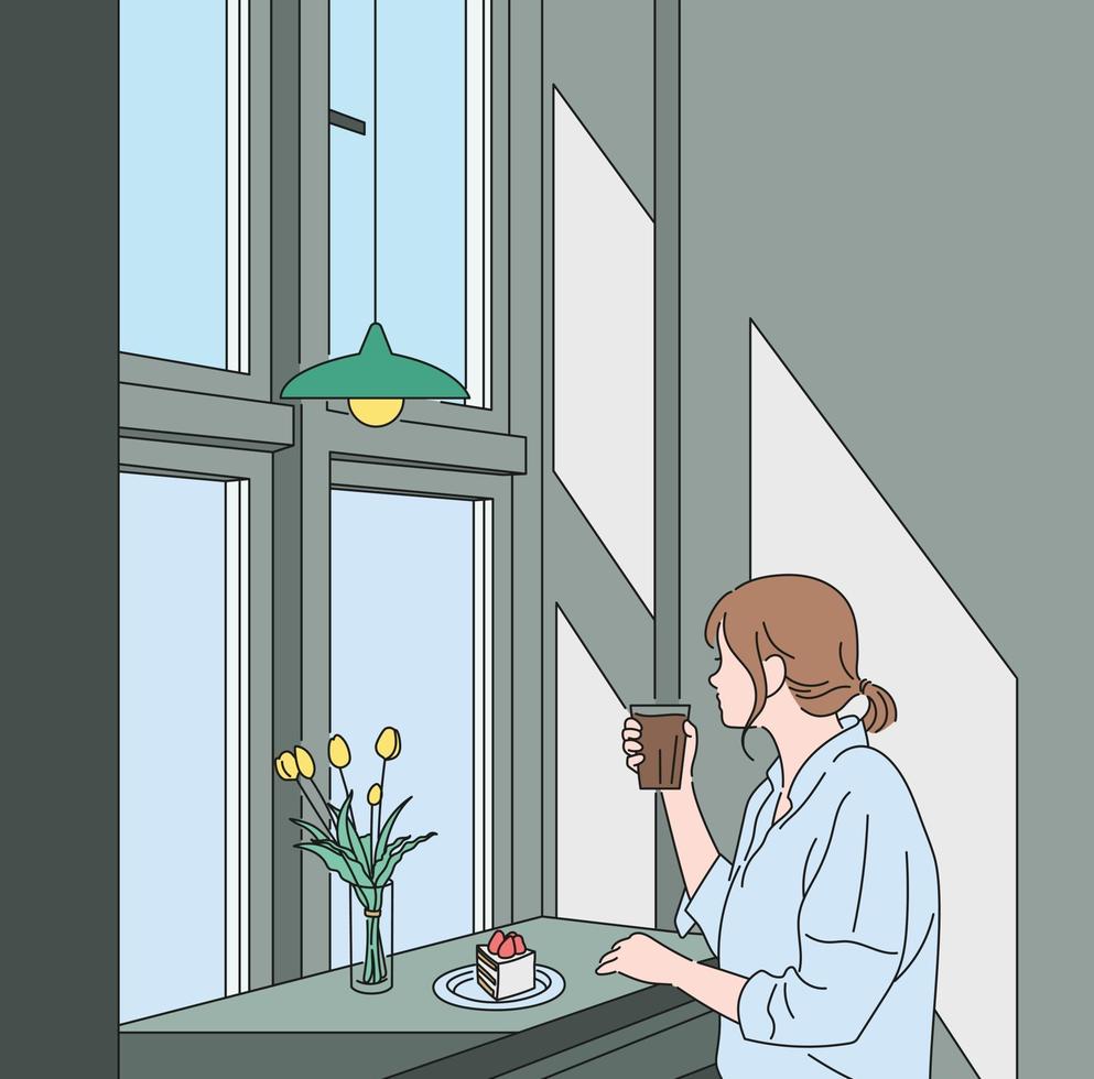 A woman is sitting by the window of a cafe and drinking coffee. hand drawn style vector design illustrations.