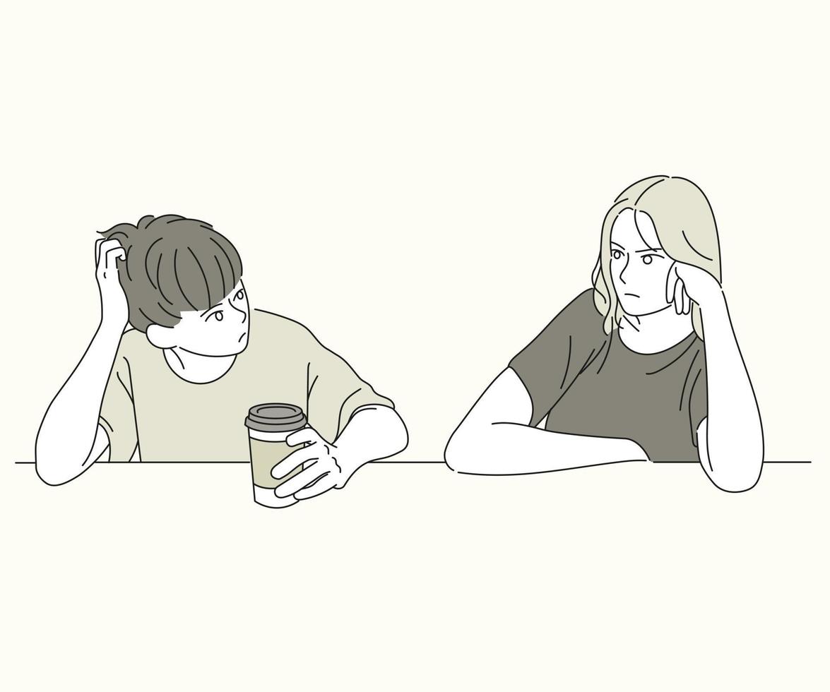 The couple is looking at each other dissatisfiedly. hand drawn style vector design illustrations.