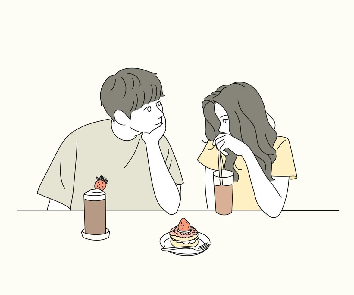 Couple looking at each other affectionately as they eat vector