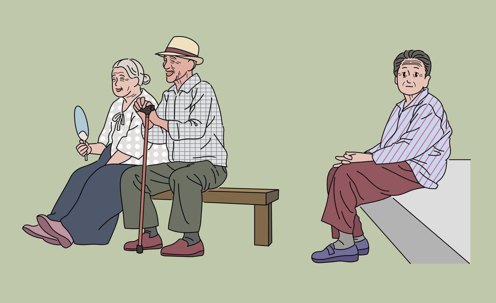 Old Koreans are sitting on a bench. hand drawn style vector design illustrations.