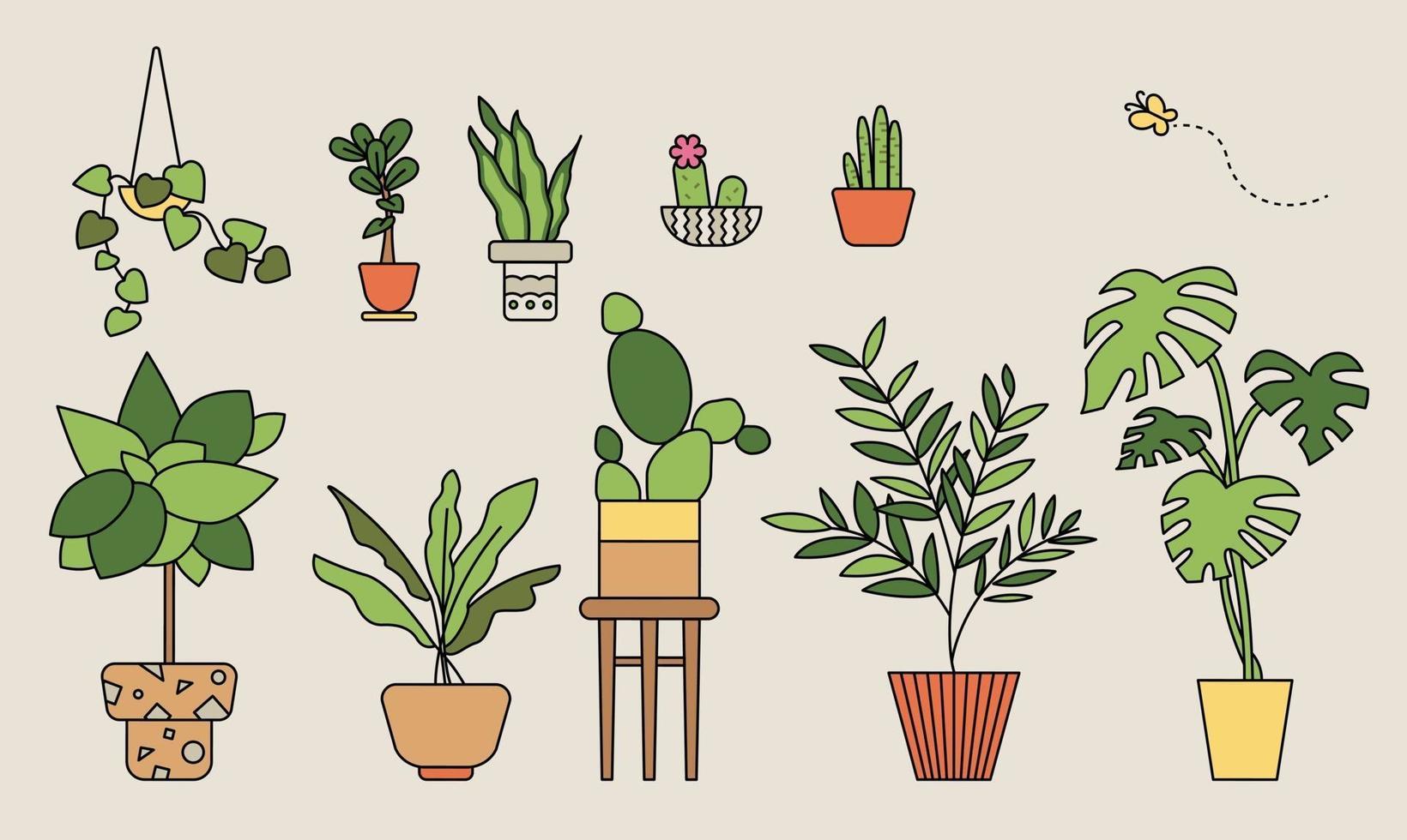 Potted plant collection. outline simple vector illustration.