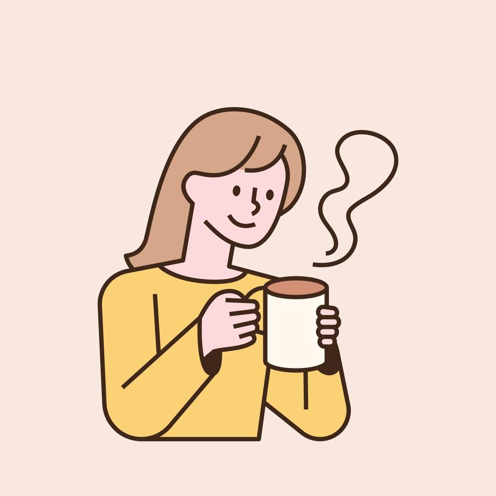 una mujer sostiene una taza humeante. Ilustración de vector mínimo de estilo de diseño plano.